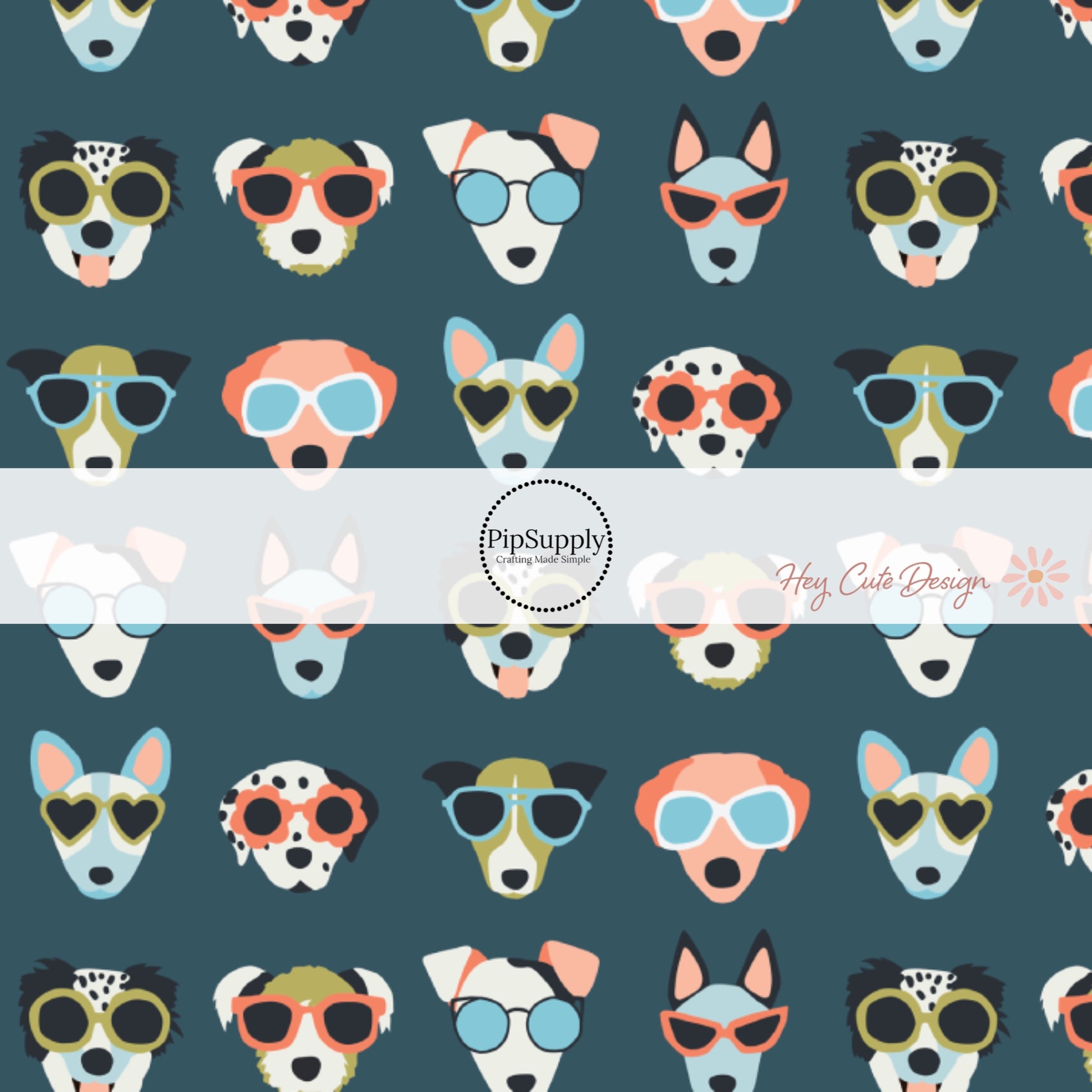 Navy Blue Fabric By the yard with puppies wearing sunglasses