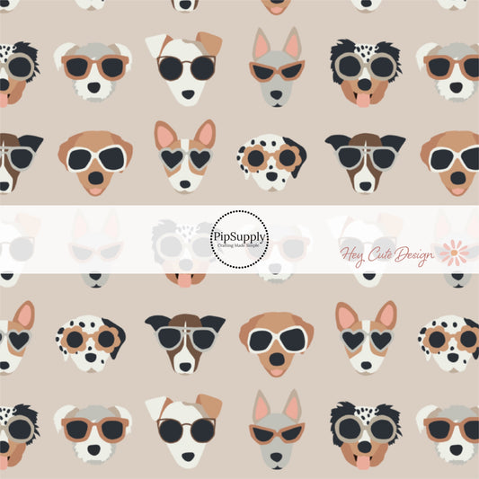 Beige Fabric By the yard with puppies wearing sunglasses