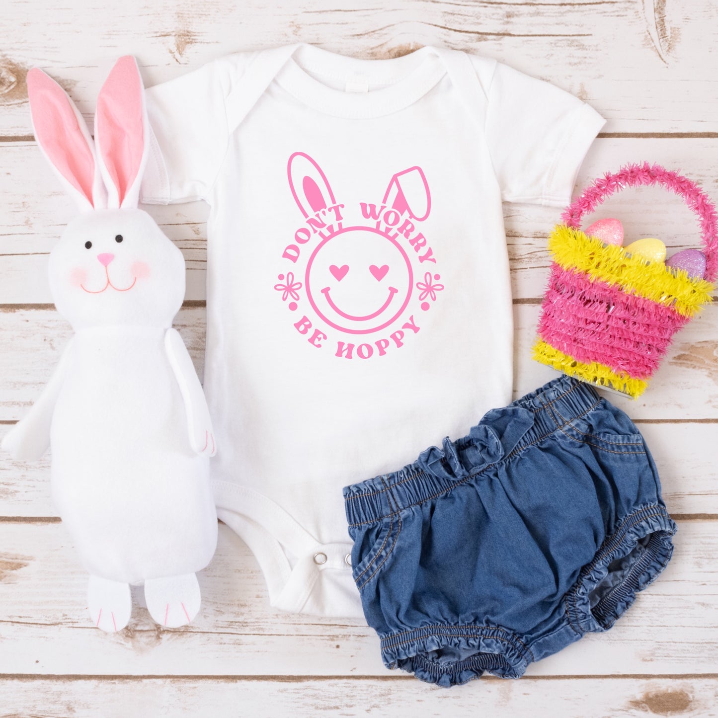 Pink "Don't Worry Be Hoppy" Easter bunny iron on heat transfer - Sublimation Transfer - DTF Transfer 