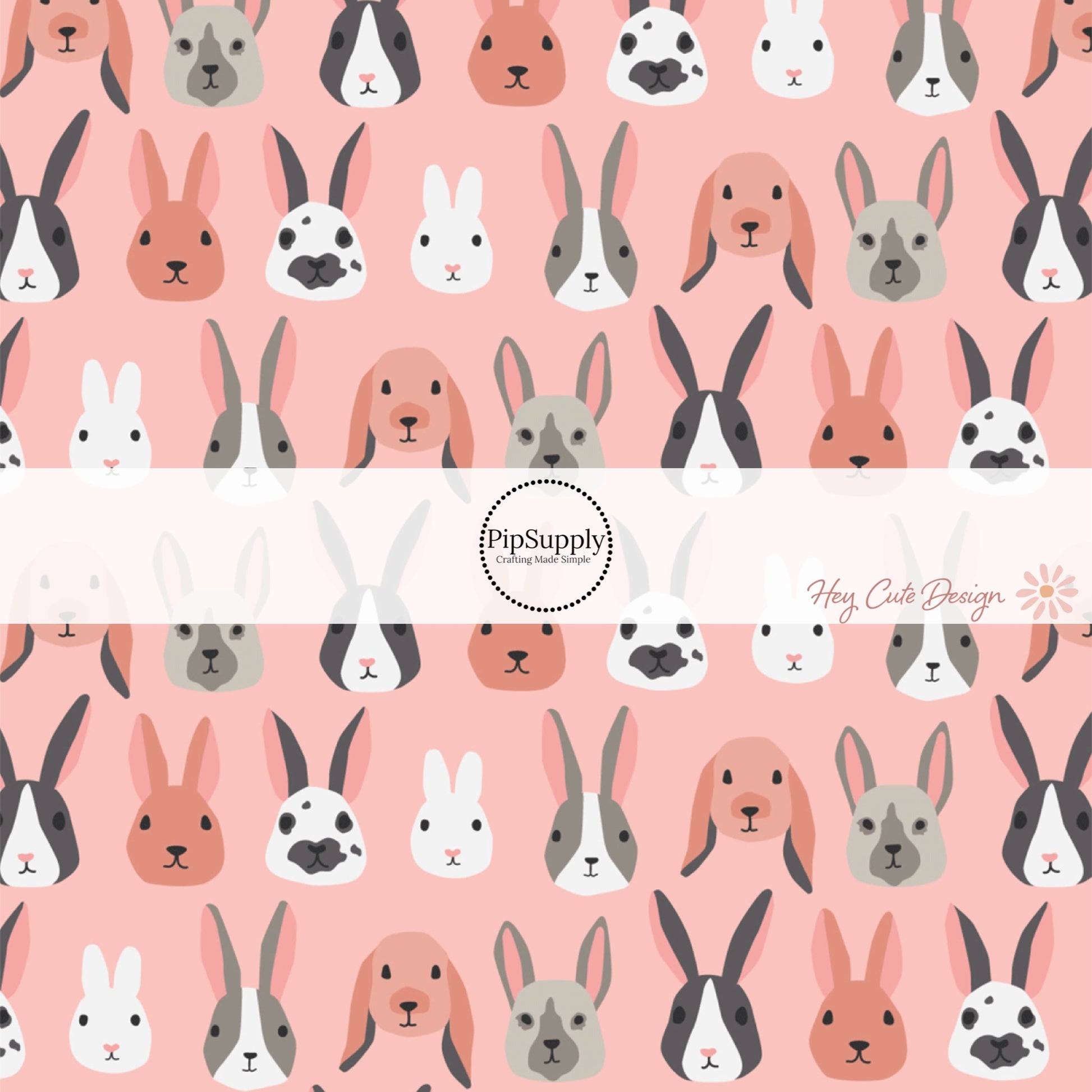 Pink fabric by the yard with Easter bunny faces