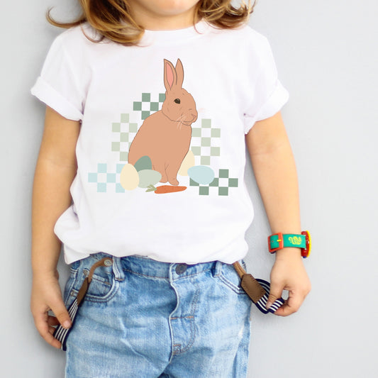 Easter bunny iron on heat transfer with a blue checkered background