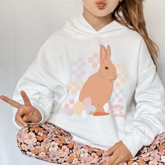 Easter bunny iron on heat transfer with a pink checkered background - DTF and Sublimation Iron On Heat Transfer