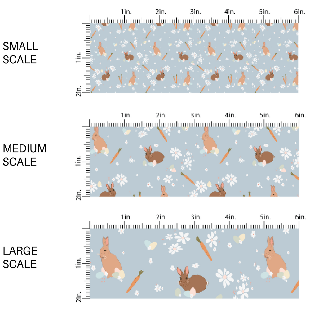 Baby blue fabric by the yard scaled image guide with bunnies, carrots, and white flowers - Easter Fabric by the Yard 