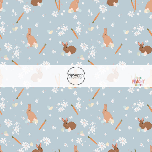 Baby blue fabric by the yard with bunnies, carrots, and white flowers - Easter Fabric by the Yard 
