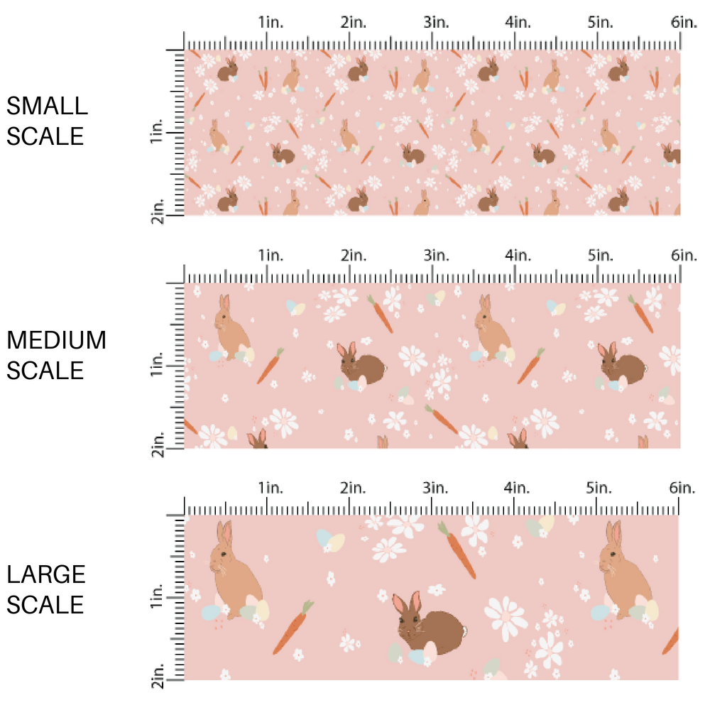 Baby pink fabric by the yard scaled image guide with bunnies, carrots, and white flowers