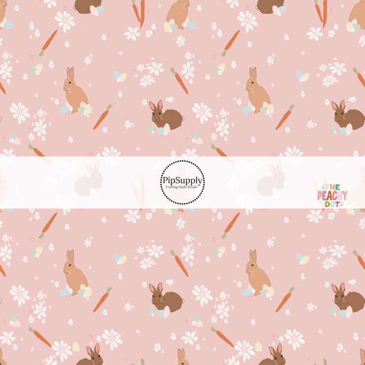 Baby pink fabric by the yard with bunnies, carrots, and white flowers - Easter Fabric by the Yard 