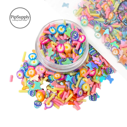 Spring easter glitter mixes including daisies, butterflies, and easter eggs.