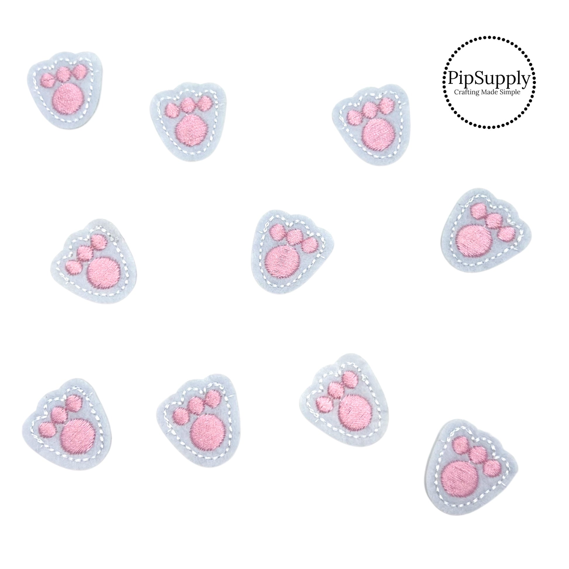 White Felt Iron On Heat transfer with pink bunny paw embroidery