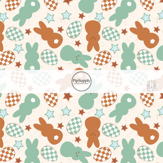 Cream fabric by the yard with brown and green bunnies and Easter eggs