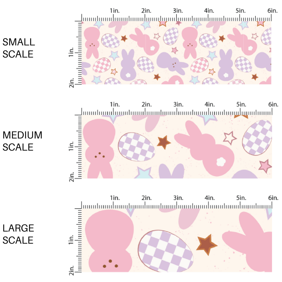 Easter Bunny fabric by the yard - Cream fabric with pink and lavender peep shaped bunnies and lavender checkered easter eggs. 