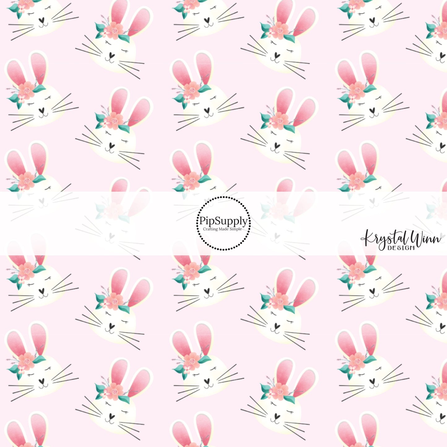 white bunny rabbit with whiskers. flower crowns, and pink ears on light pink fabric by the yard  - Easter Fabric - Easter Bunny 