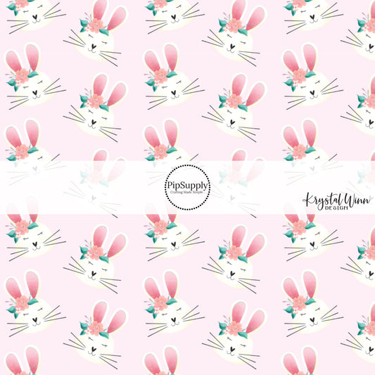 white bunny rabbit with whiskers. flower crowns, and pink ears on light pink fabric by the yard  - Easter Fabric - Easter Bunny 