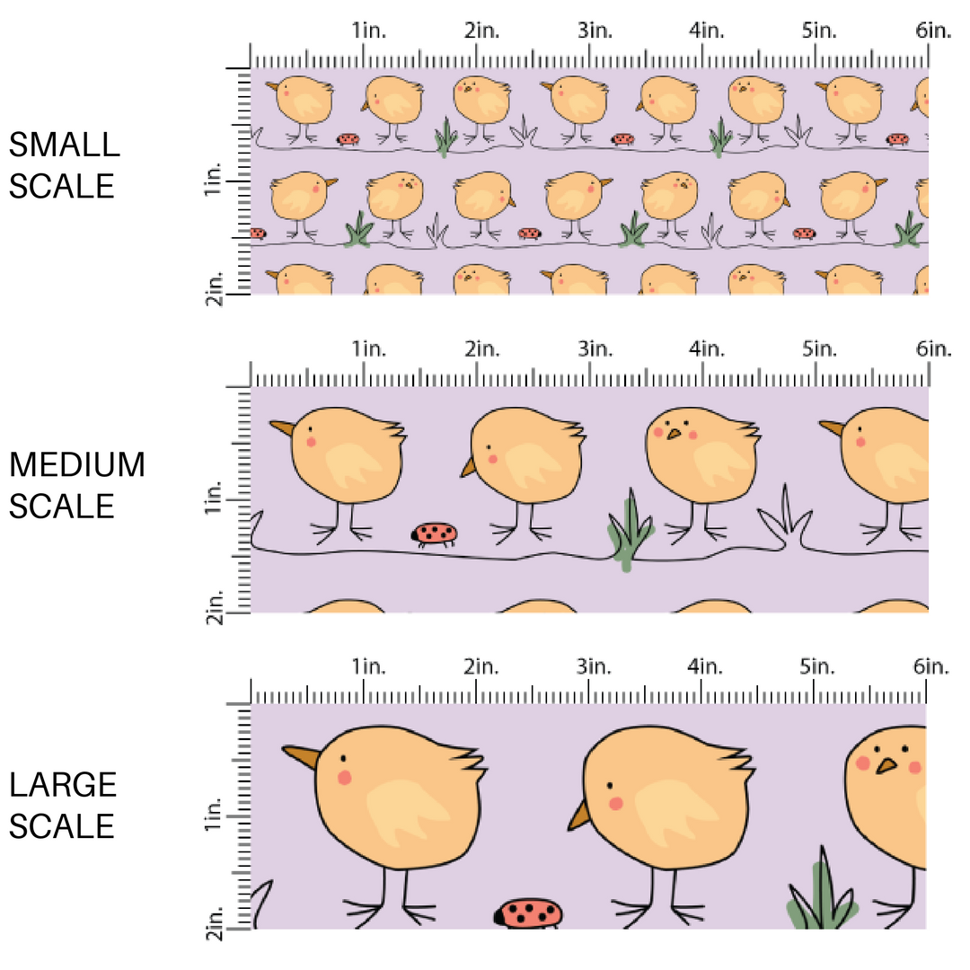 Yellow Chicks and Red ladybugs in rows on pastel purple fabric by the yard scaled image guide