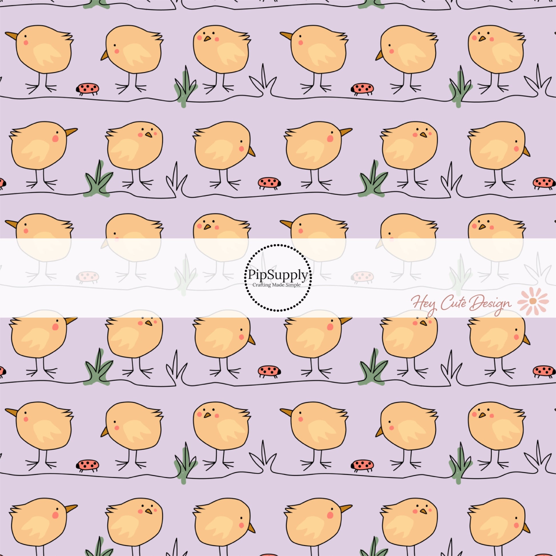 Yellow Chicks and Red ladybugs in rows on pastel purple fabric by the yard - Spring Farm Fabric - Easter Chick Fabric  - Ladybug Fabric 