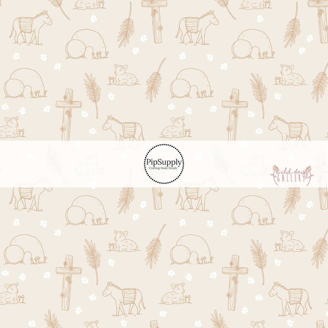 Cream colored fabric by the yard with white daisies, wooden crosses, and an empty tomb - Resurrection fabric by the yard - Jesus - God - Salvation 