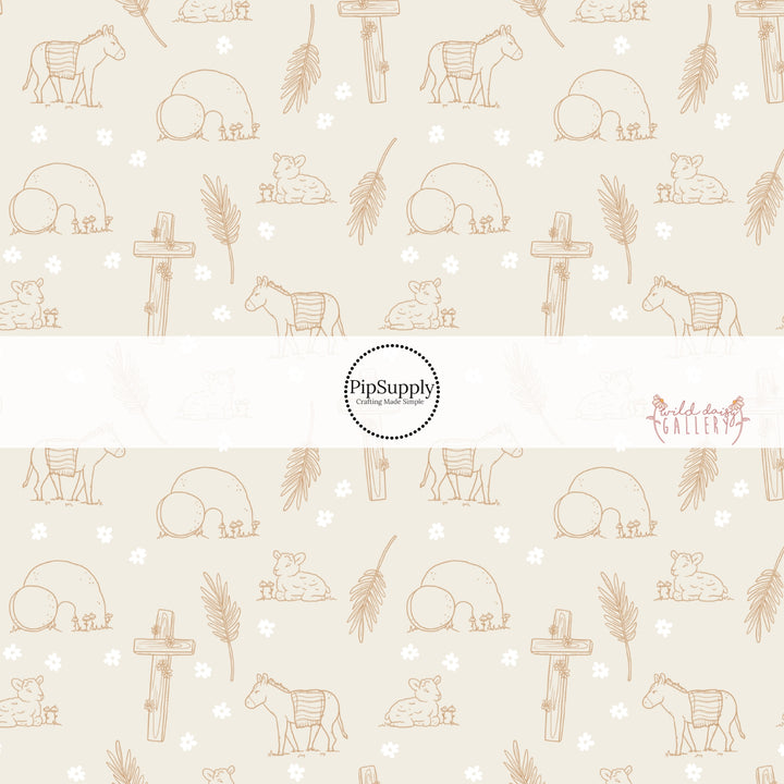 Cream colored fabric by the yard with white daisies, wooden crosses, and an empty tomb - Resurrection fabric by the yard - Jesus - God - Salvation 