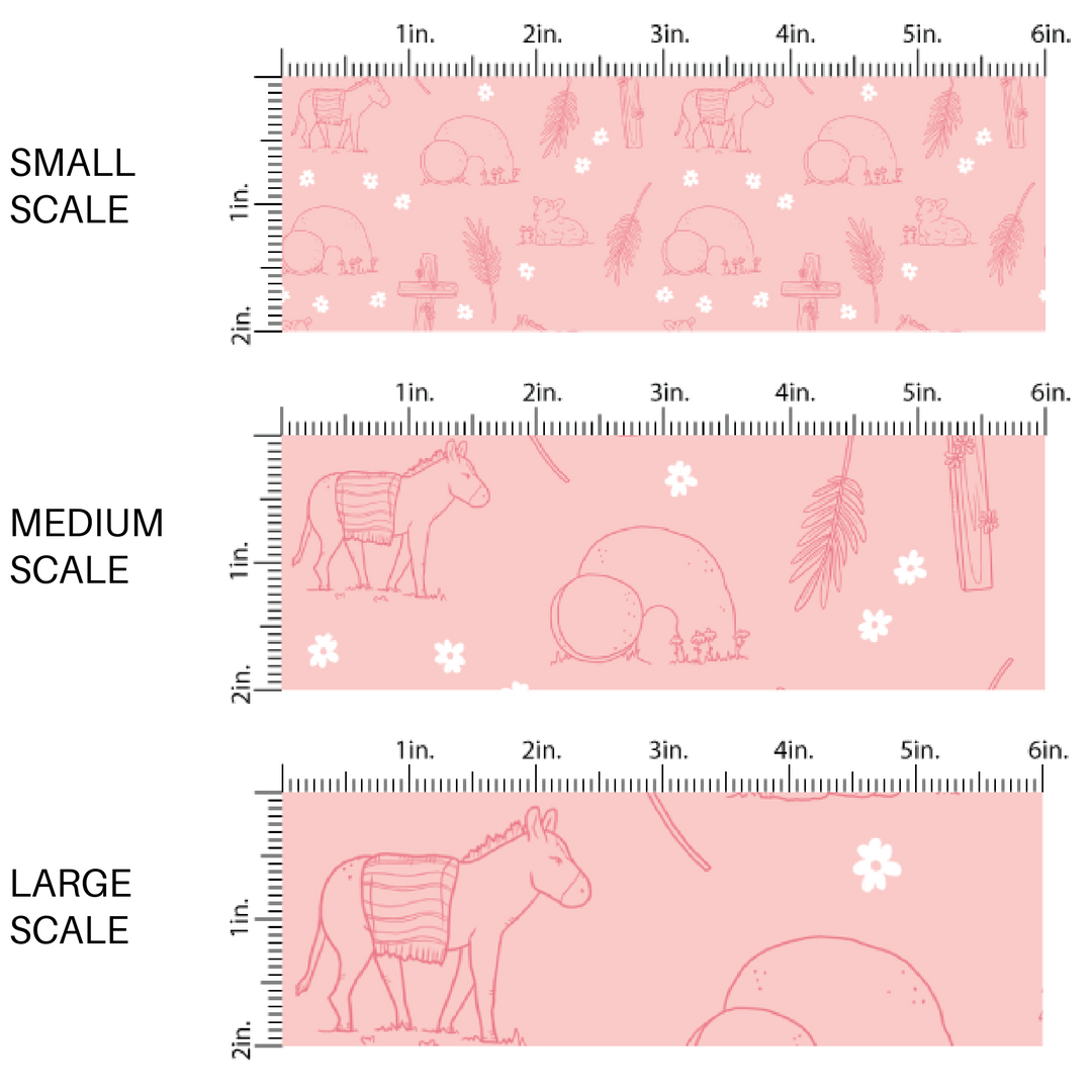 Light pink fabric by the yard scaled image guide with white daisies, wooden crosses, and an empty tomb