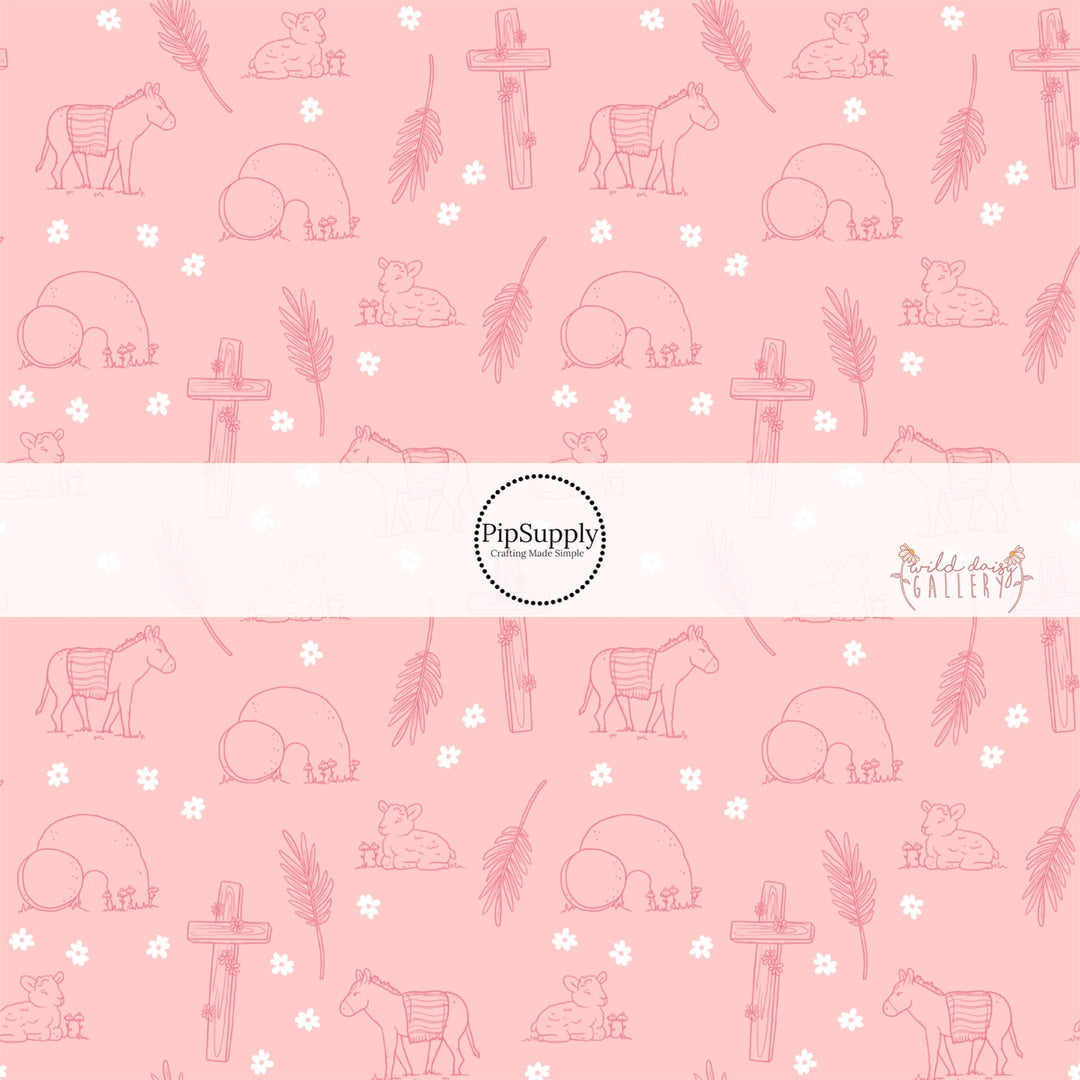 Light pink fabric by the yard with white daisies, wooden crosses, and an empty tomb
