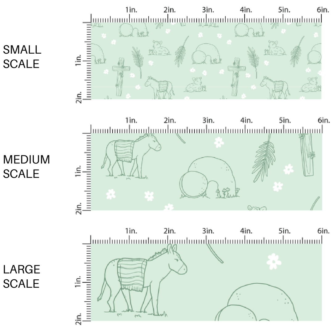 Mint colored fabric by the yard scaled image guide with white daisies, wooden crosses, and an empty tomb
