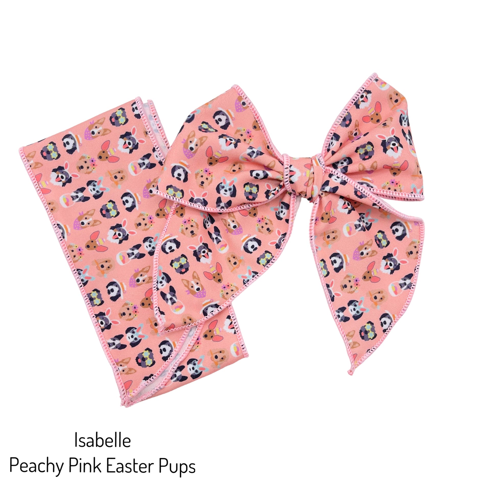 Tied and untied peach pink Isabelle style bow strip with Easter dogs pattern designed by Hey Cute Design.