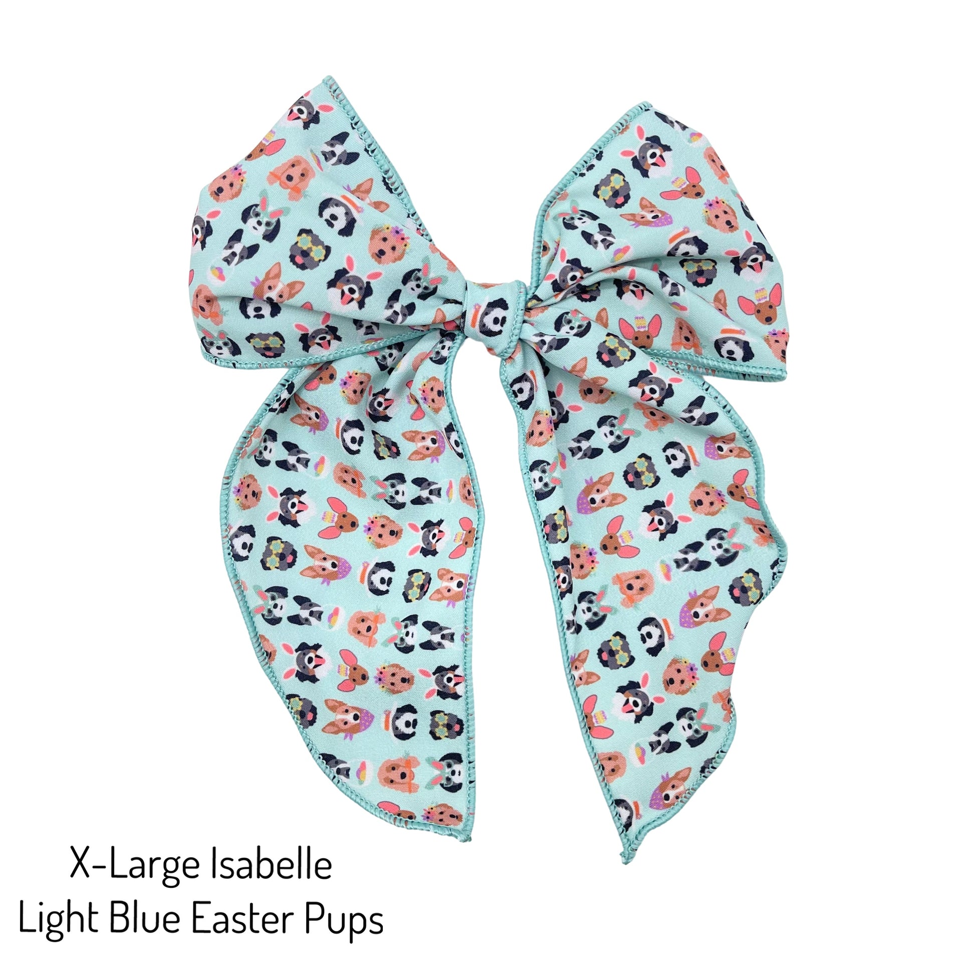Tied and untied light aqua blue extra large Isabelle style bow strip with Easter dogs pattern designed by Hey Cute Design.