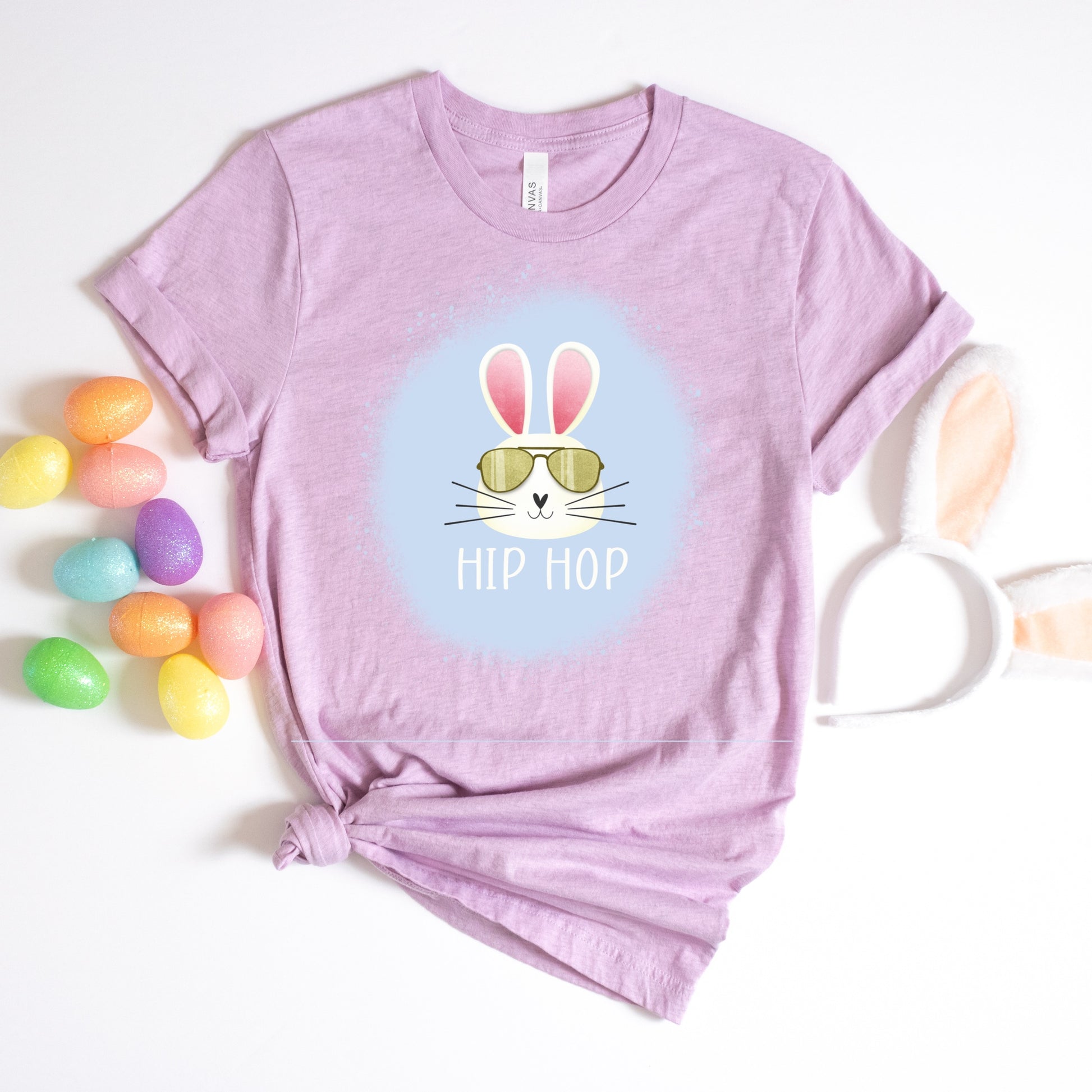 Easter Iron On Heat Transfer with easter bunny wearing aviator sunglasses and the phrase "Hip Hop"