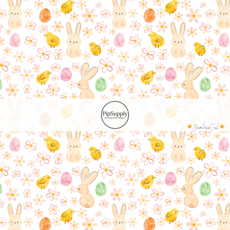 White fabric by the yard with watercolor bunnies, flowers, and baby chicks - Easter Fabric 