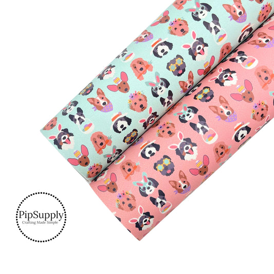 Set of rolled Easter Puppy patterned faux leather sheets in light aqua and peach.