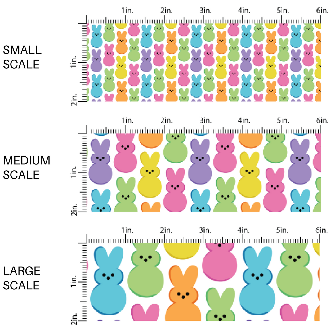 Bright and colorful Easter Bunnies on white fabric by the yard scaled image guide