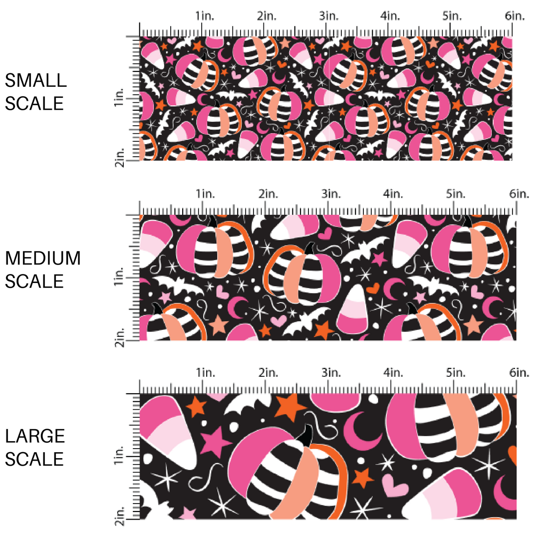 Pink, cream, and black Halloween pattern high quality fabric adaptable for all your crafting needs. Make cute baby headwraps, fun girl hairbows, knotted headbands for adults or kids, clothing, and more!