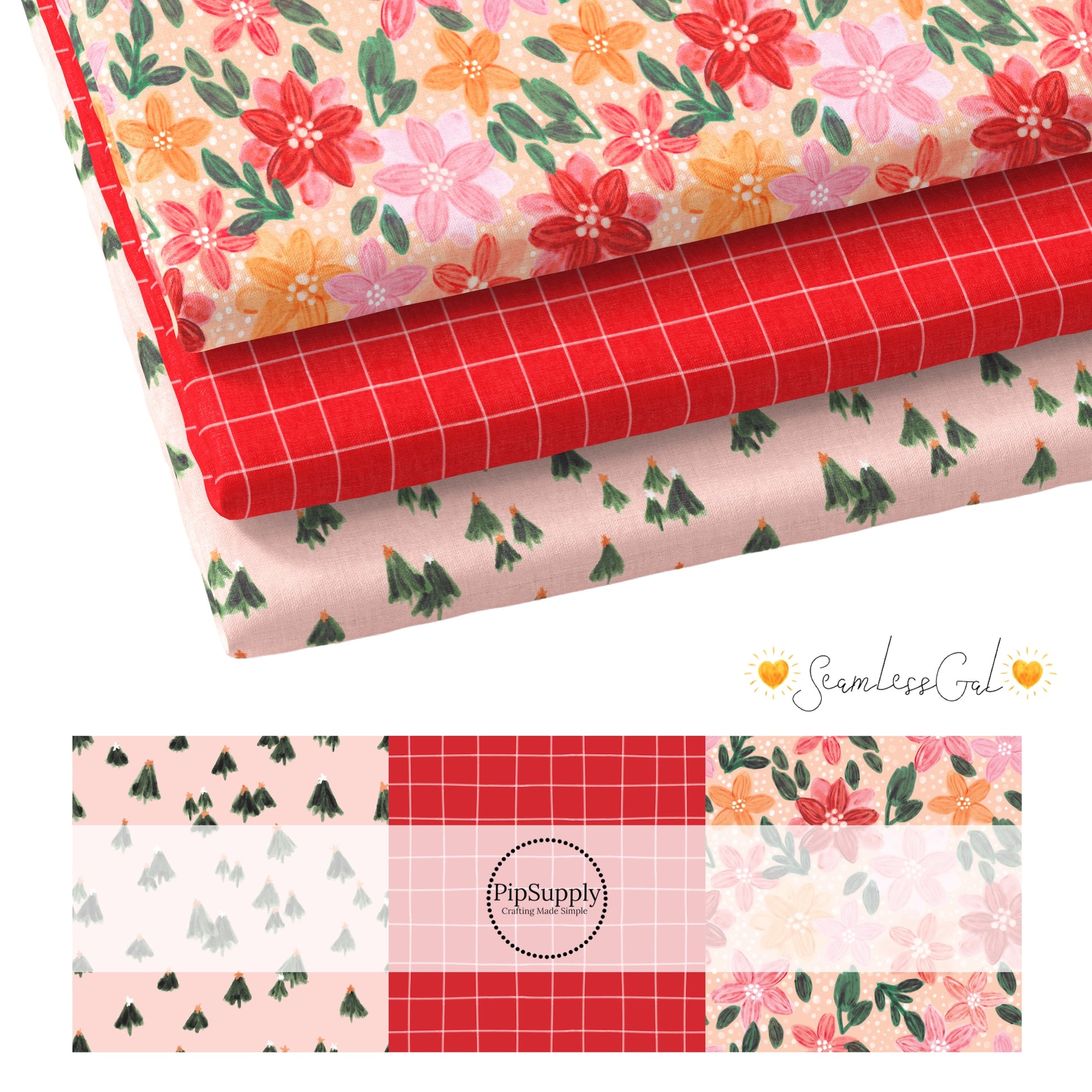 Three Fabric layers with different christmas designs including trees and red plaid