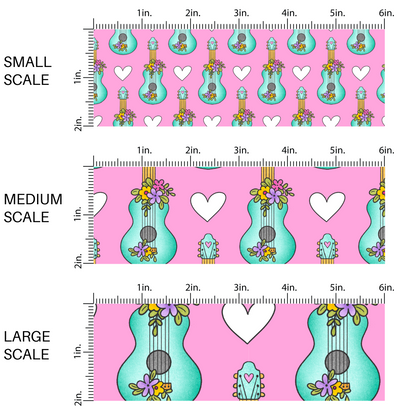 Fabric-By-The-Yard-Krystal-Winn-Groovy-Summer-Collection - Pink Fabric with Aqua Guitars and White Hearts 