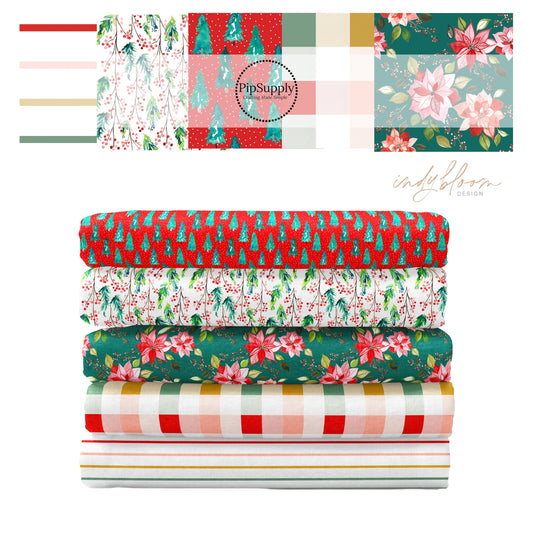 Red, green, and cream holiday trees, flowers, plaid, and stripes high quality fabric adaptable for all your crafting needs. Make cute baby headwraps, fun girl hairbows, knotted headbands for adults or kids, clothing, and more!