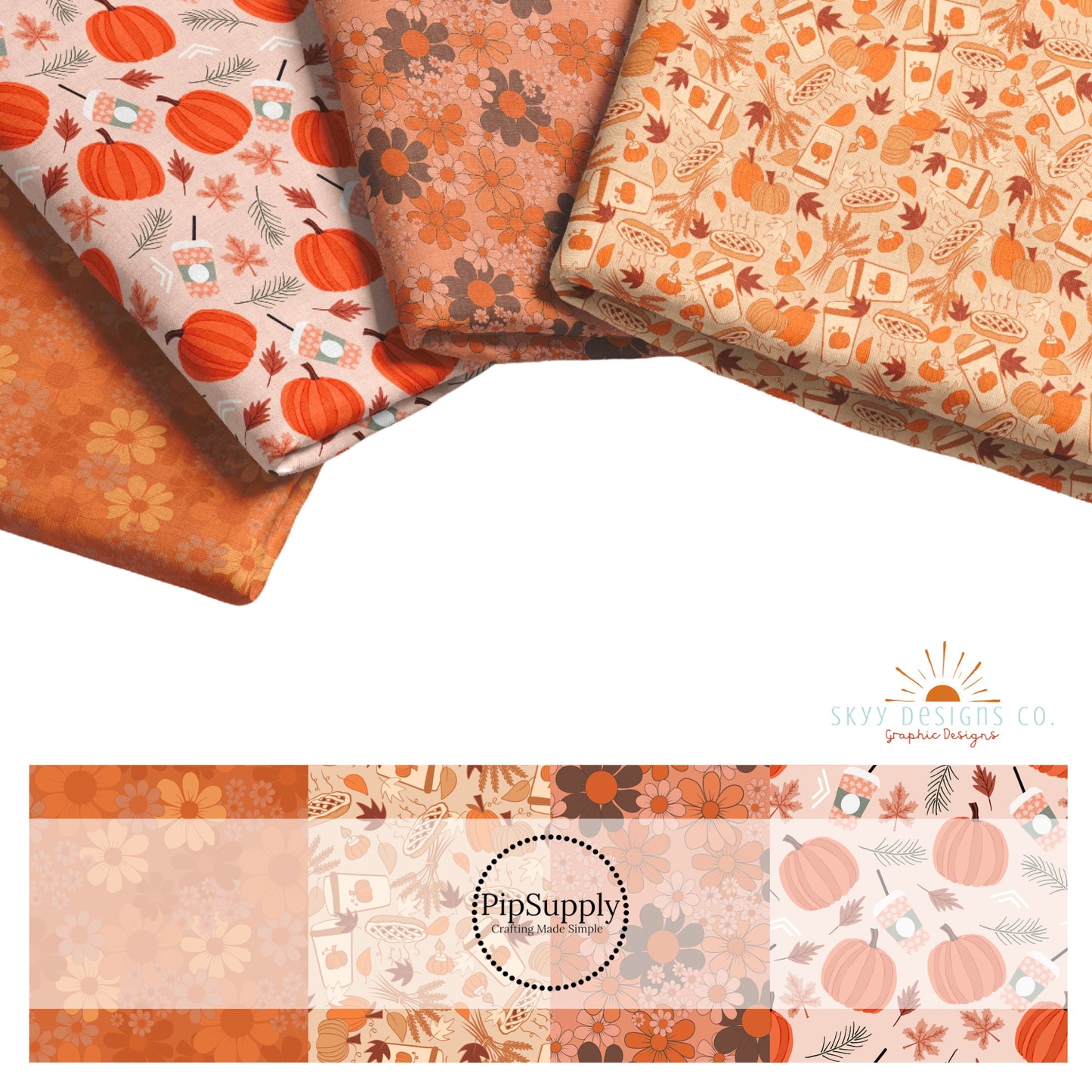 Four different multi colored fall themed fabric with flowers, pumpkins, and pies on a white background