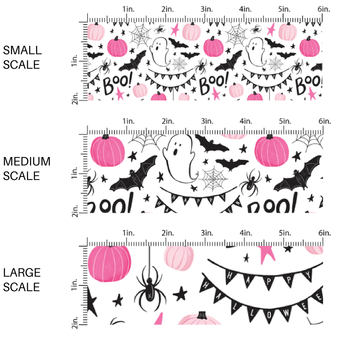 Pink, cream, and orange ghost, bats, pumpkins, and plaids pattern high quality fabric adaptable for all your crafting needs. Make cute baby headwraps, fun girl hairbows, knotted headbands for adults or kids, clothing, and more!