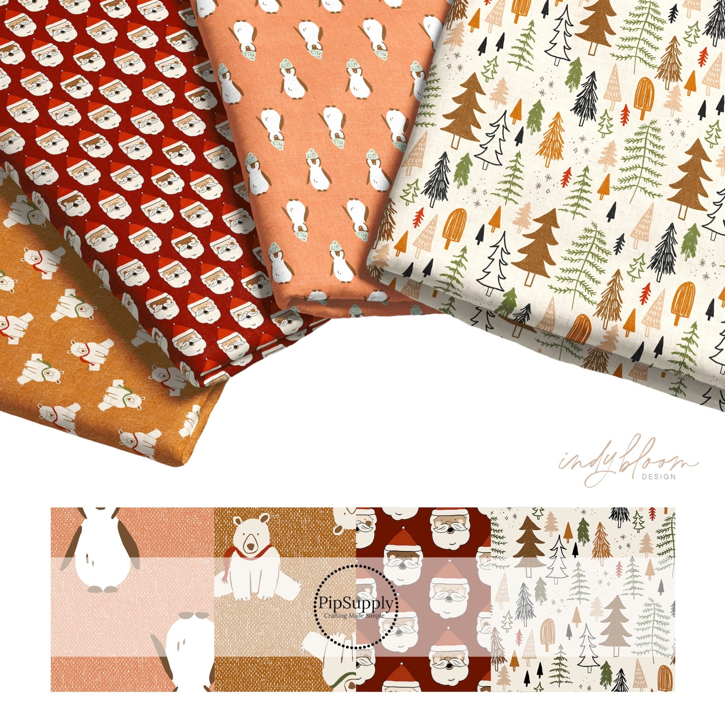 4 different multi color fabric layers with designs such as trees, santa, penguins, an polar bears