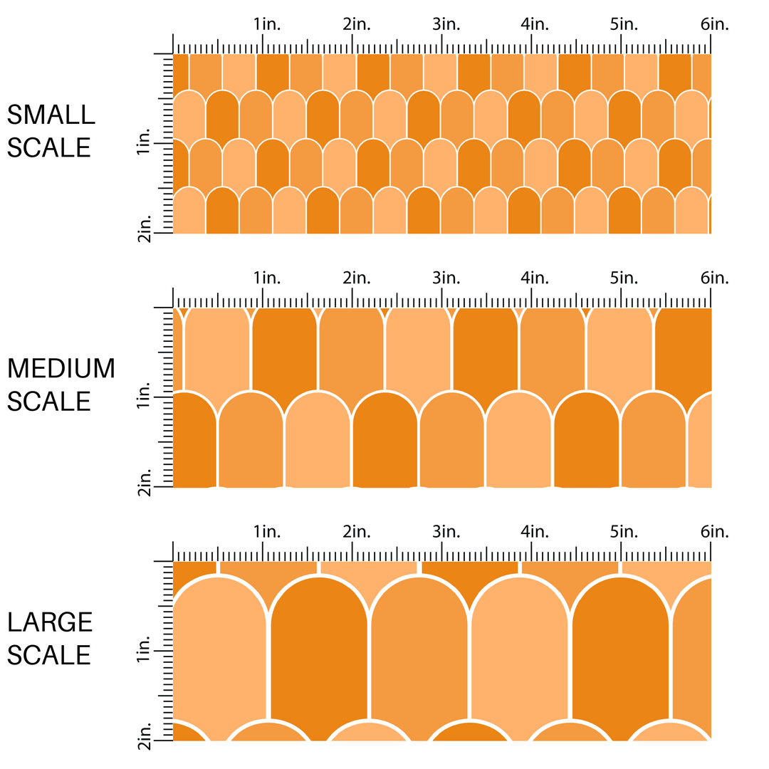 Fabric scaling of multi orange scallops with white outlines fabric by the yard