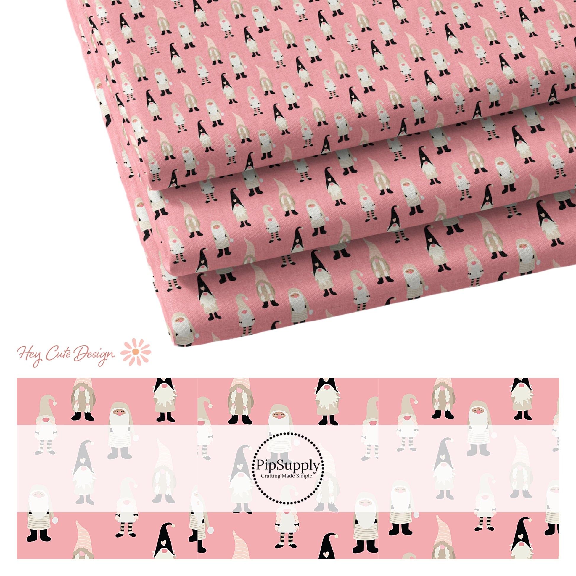 Pink Fabric with Black and Tan Gnomes