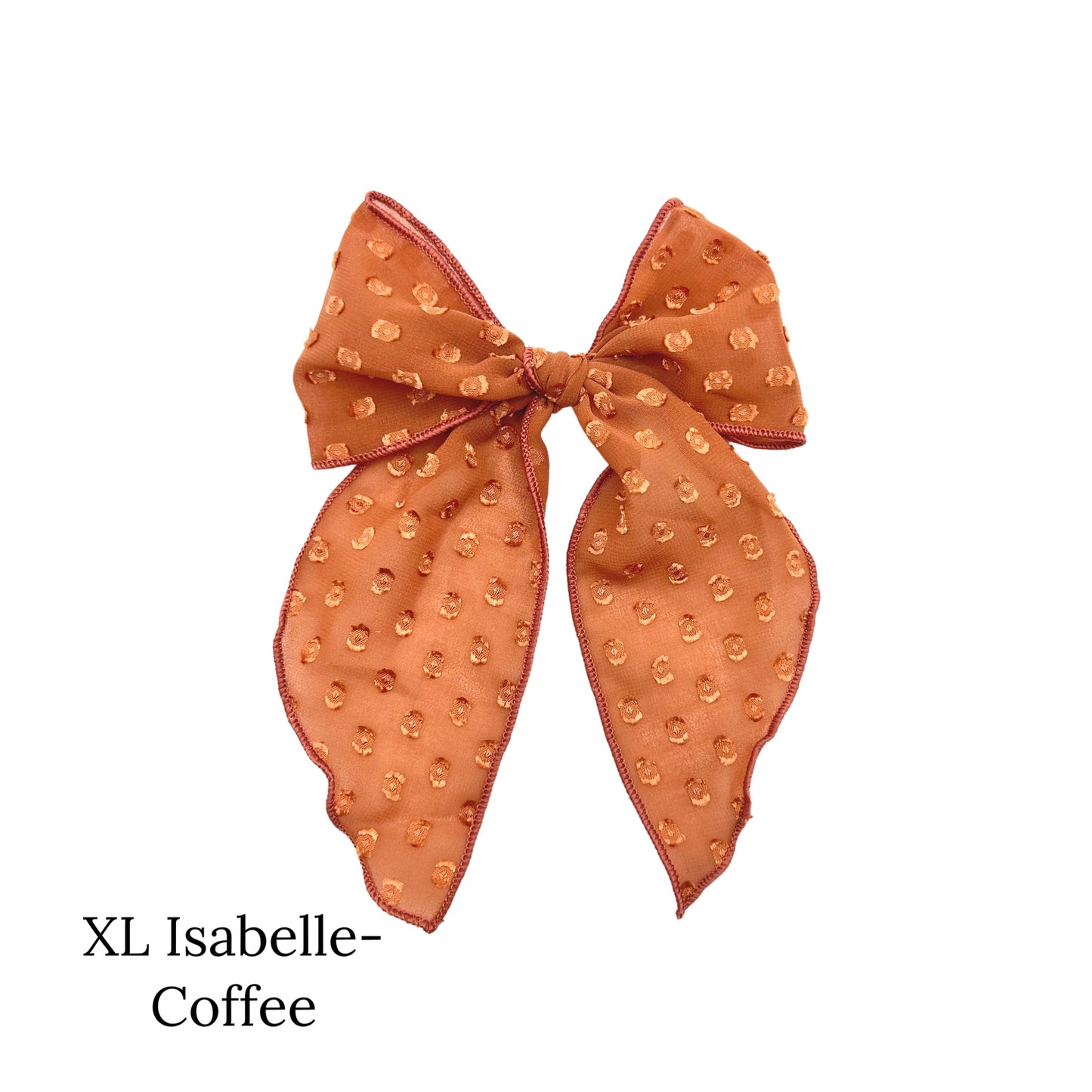 Large sized coffee colored bow with frayed dots on a white background