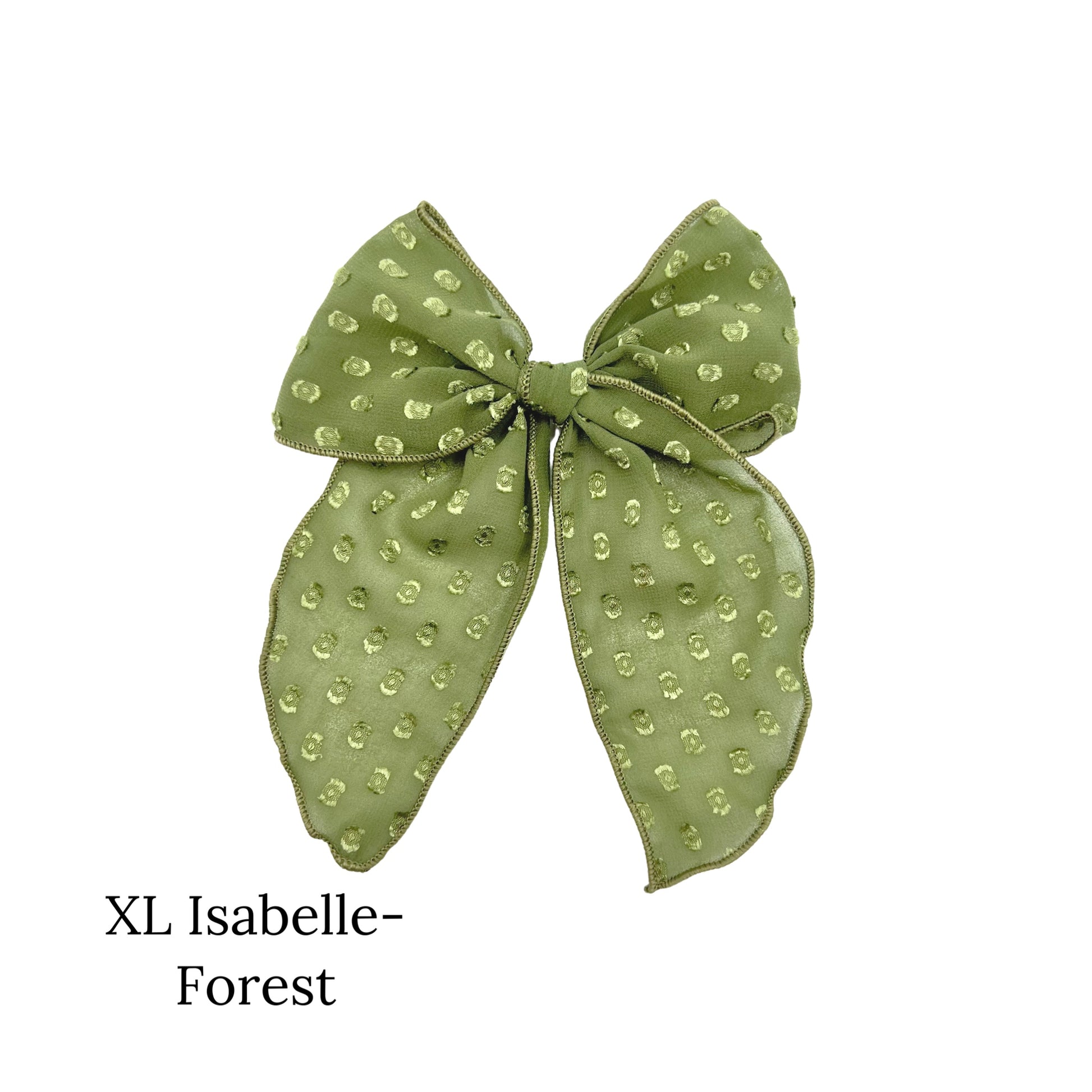 Large Green colored bow with frayed dots on a white background