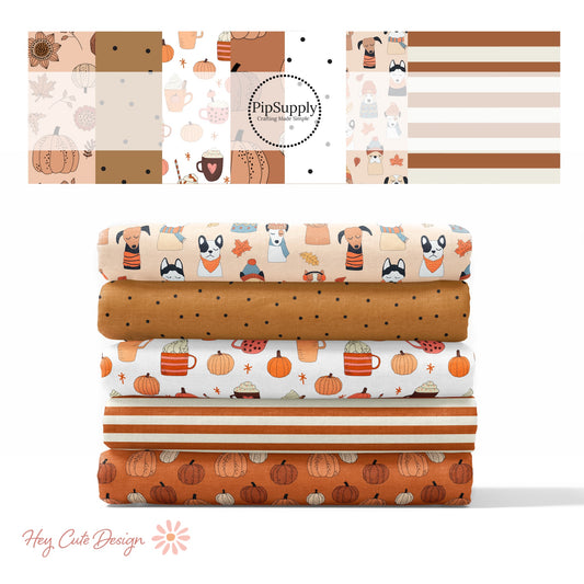 Cream, brown, and orange pumpkin spices, pumpkins, stripes, and dots high quality fabric adaptable for all your crafting needs. Make cute baby headwraps, fun girl hairbows, knotted headbands for adults or kids, clothing, and more!