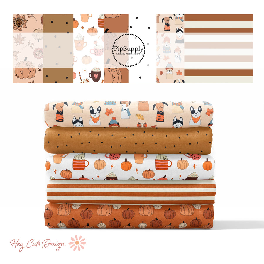 Cream, brown, and orange pumpkin spices, pumpkins, stripes, and dots high quality fabric adaptable for all your crafting needs. Make cute baby headwraps, fun girl hairbows, knotted headbands for adults or kids, clothing, and more!