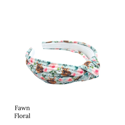 Farm animals knotted headbands. Fawn floral patterned headband. 