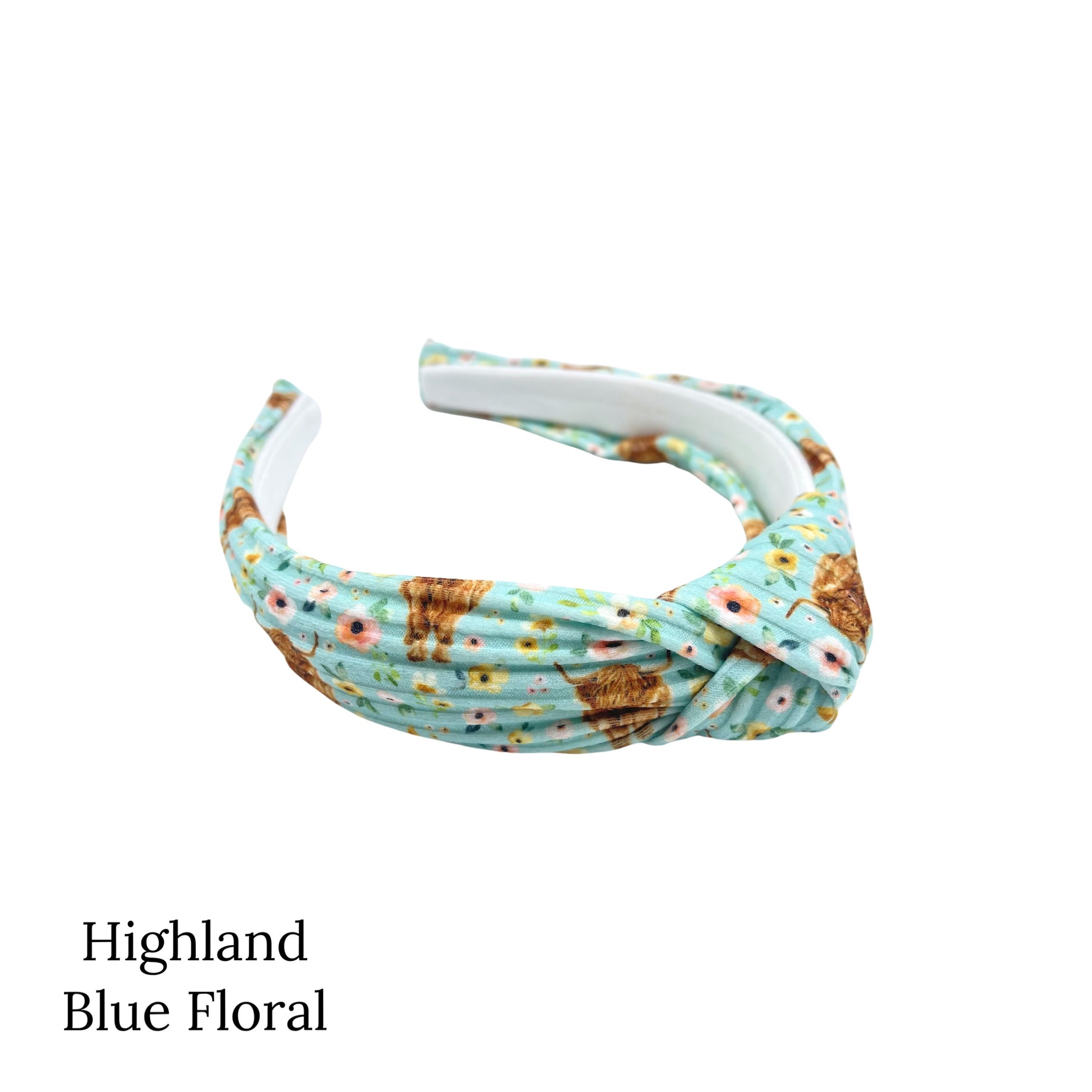 Farm animals knotted headbands. Highland blue floral patterned headband. 
