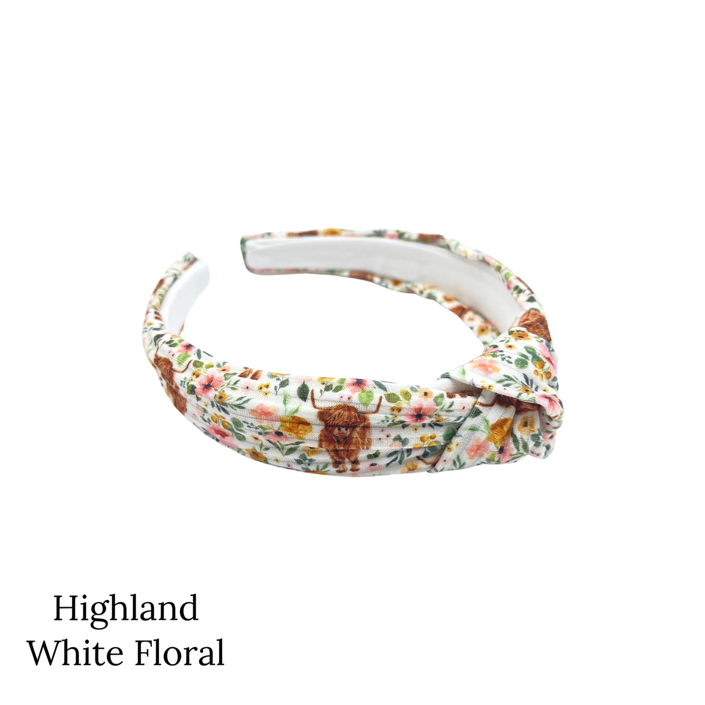 Farm animals knotted headbands. Highland white floral patterned headband. 