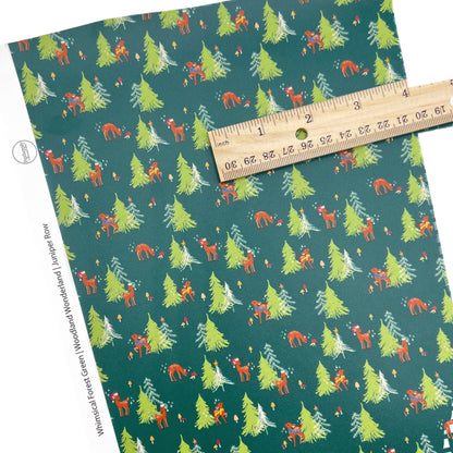 Rolled or Individual Green Faux leather sheet with trees and reindeer