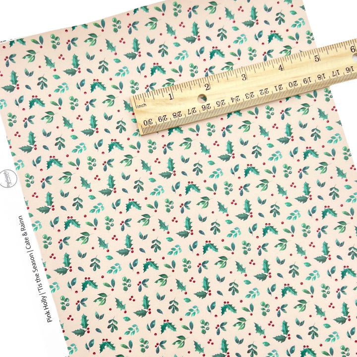 Rolled or individual christmas faux leather sheet with leaves and berries on light pink