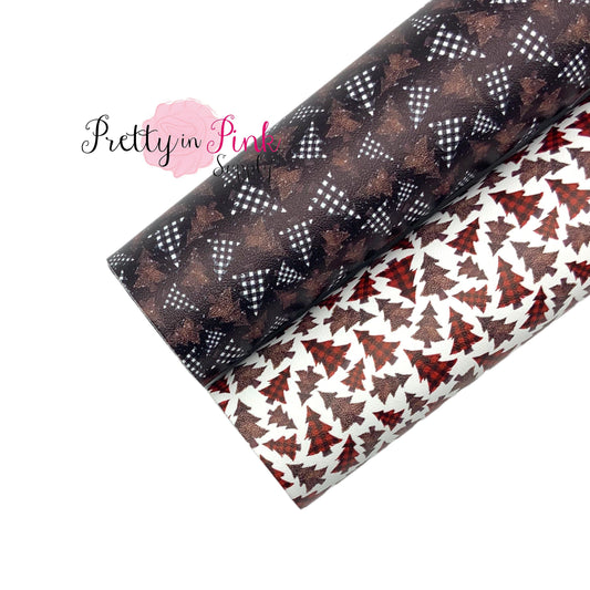 Rolled Group photo of white Christmas tree pattern Faux leather sheet and black Christmas tree pattern Faux leather sheet.