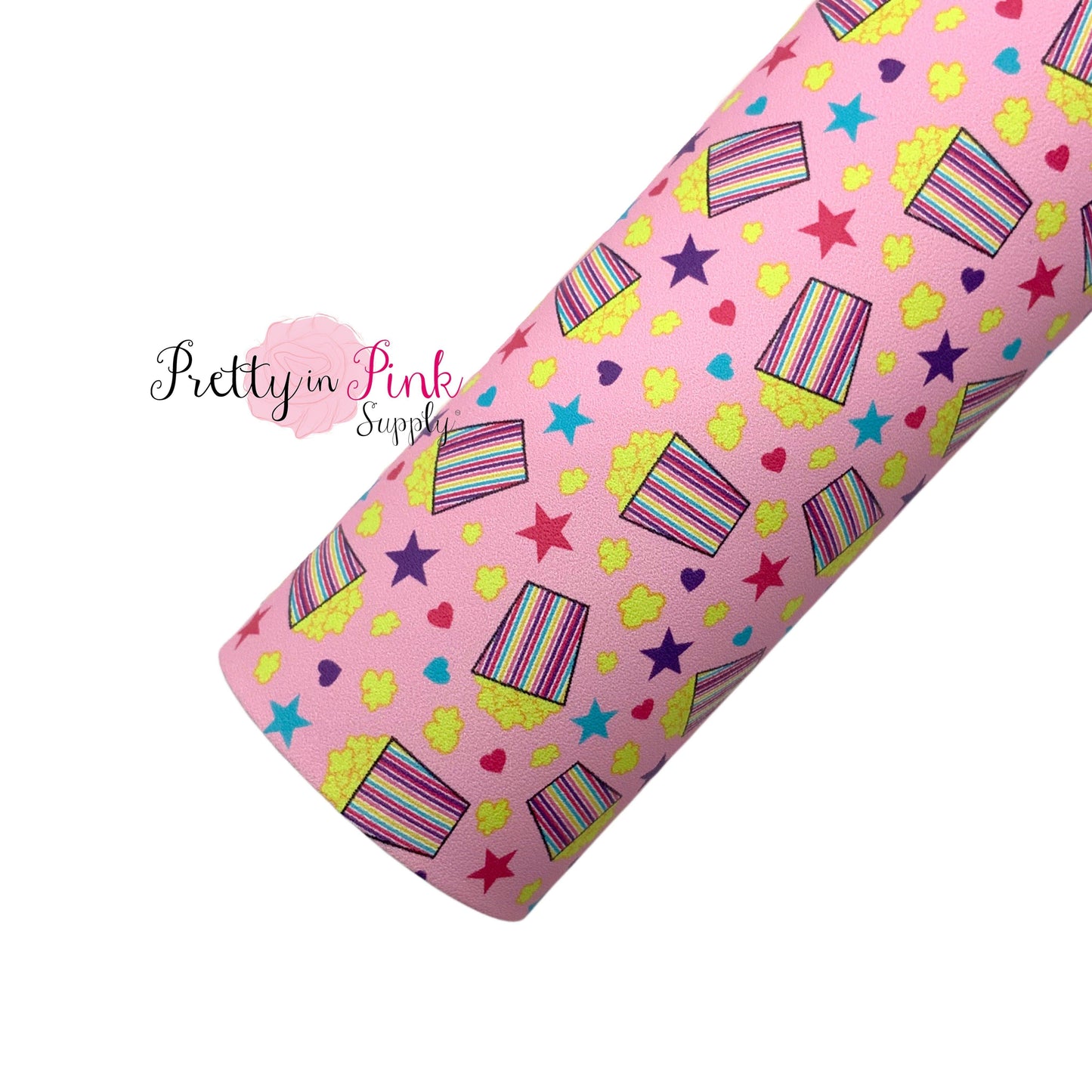Rolled smooth faux leather with pattern of popcorn tubs with popcorn and stars and hearts on a light pink background.