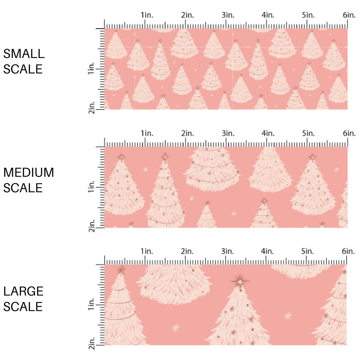 Christmas Fabric By The Yard | Festive Trees on Coral | Pastel Snowy Forest
